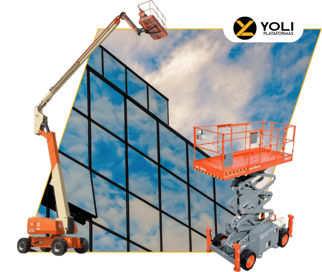 Plataformas elevatórias articuladas e tesoura em área industrial